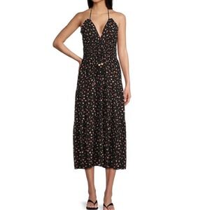 Chelsea & Violet Halter Floral Midi Dress Open Back Smocked Black Small New
